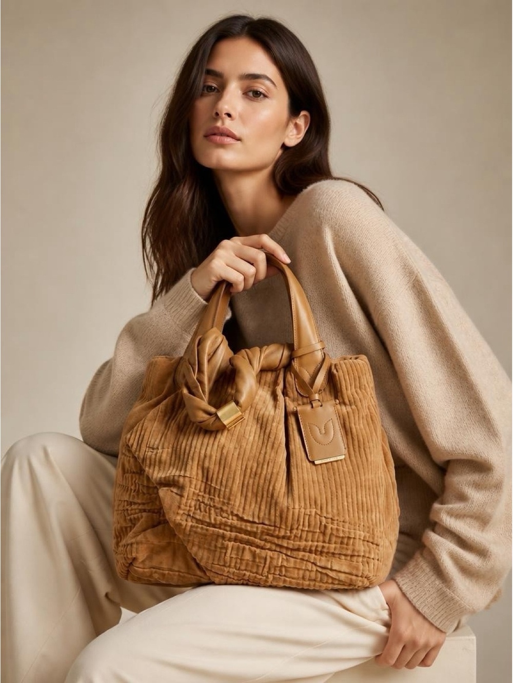 Vintage Gianfranco Ferré Camel Corduroy & Leather Tote Bag